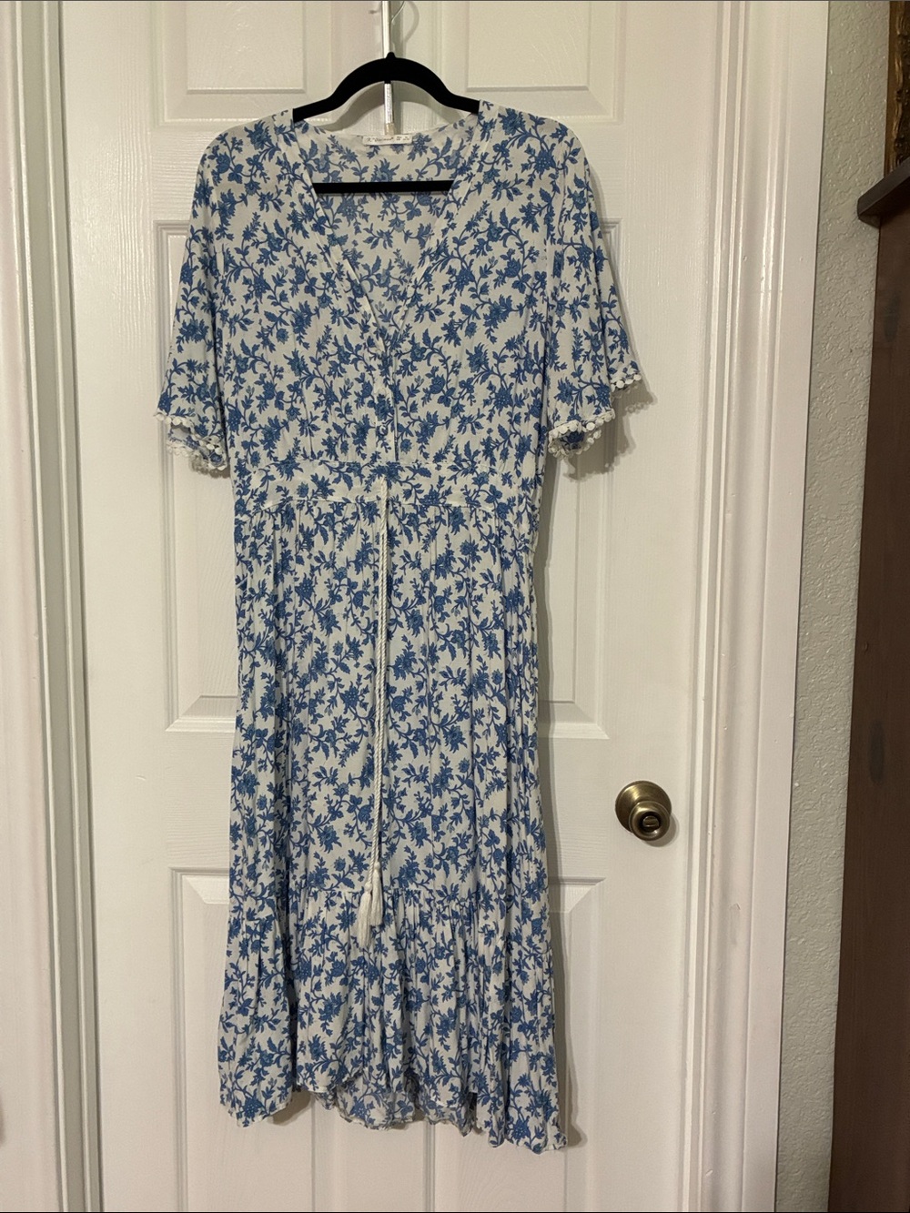 Blue Floral Tie-Waist Midi Dress in White